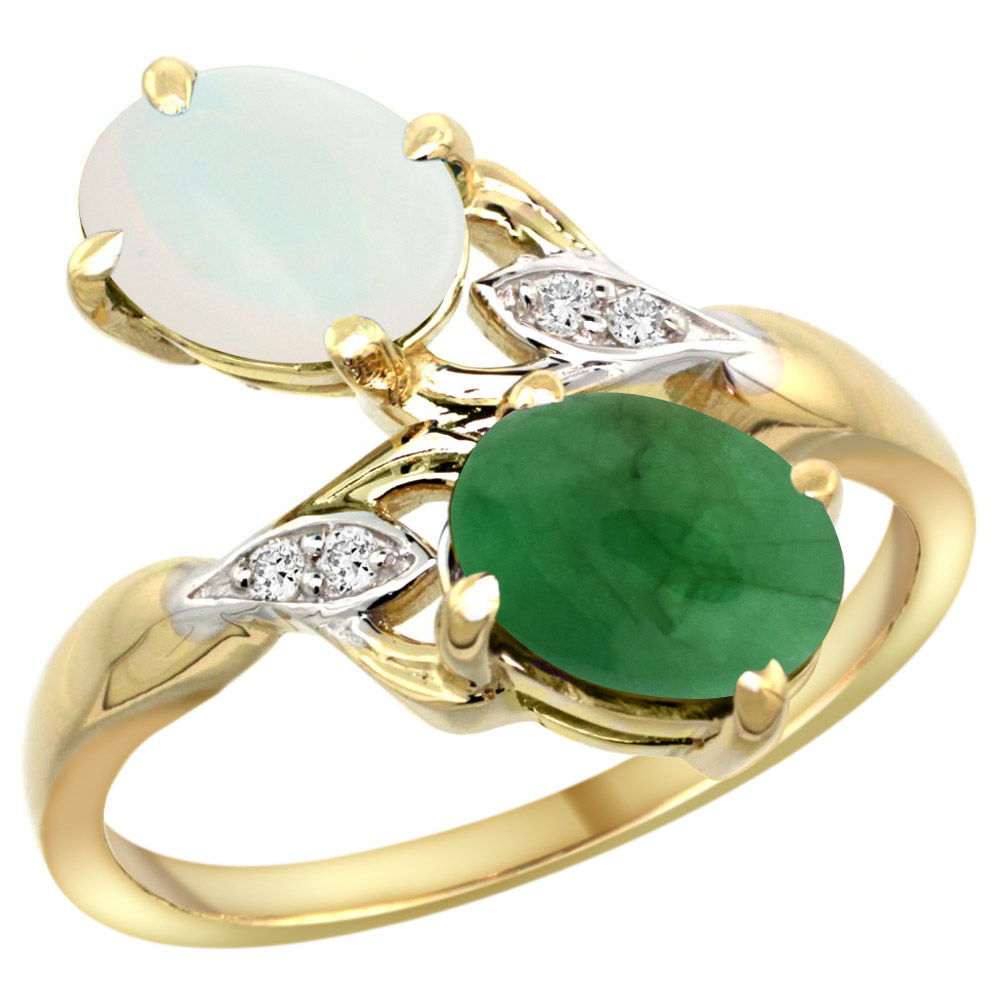 14K YELLOW GOLD DIAMOND NATURAL WHITE OPAL & CABOCHON EMERALD 2-STONE RING OVAL 8X6MM, SIZES 5 - 10