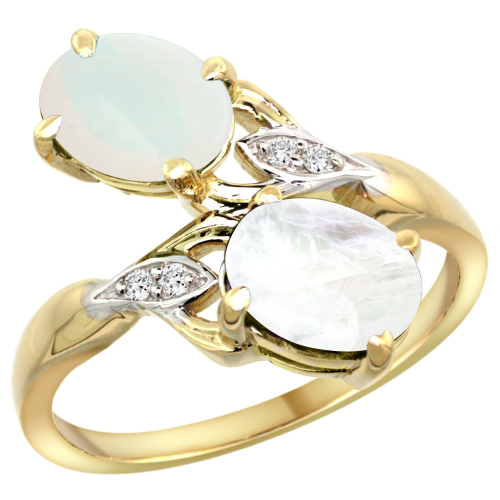 14k Yellow Gold Diamond Natural White Opal &amp; Rainbow Moonstone 2-stone Ring Oval 8x6mm, sizes 5 - 10