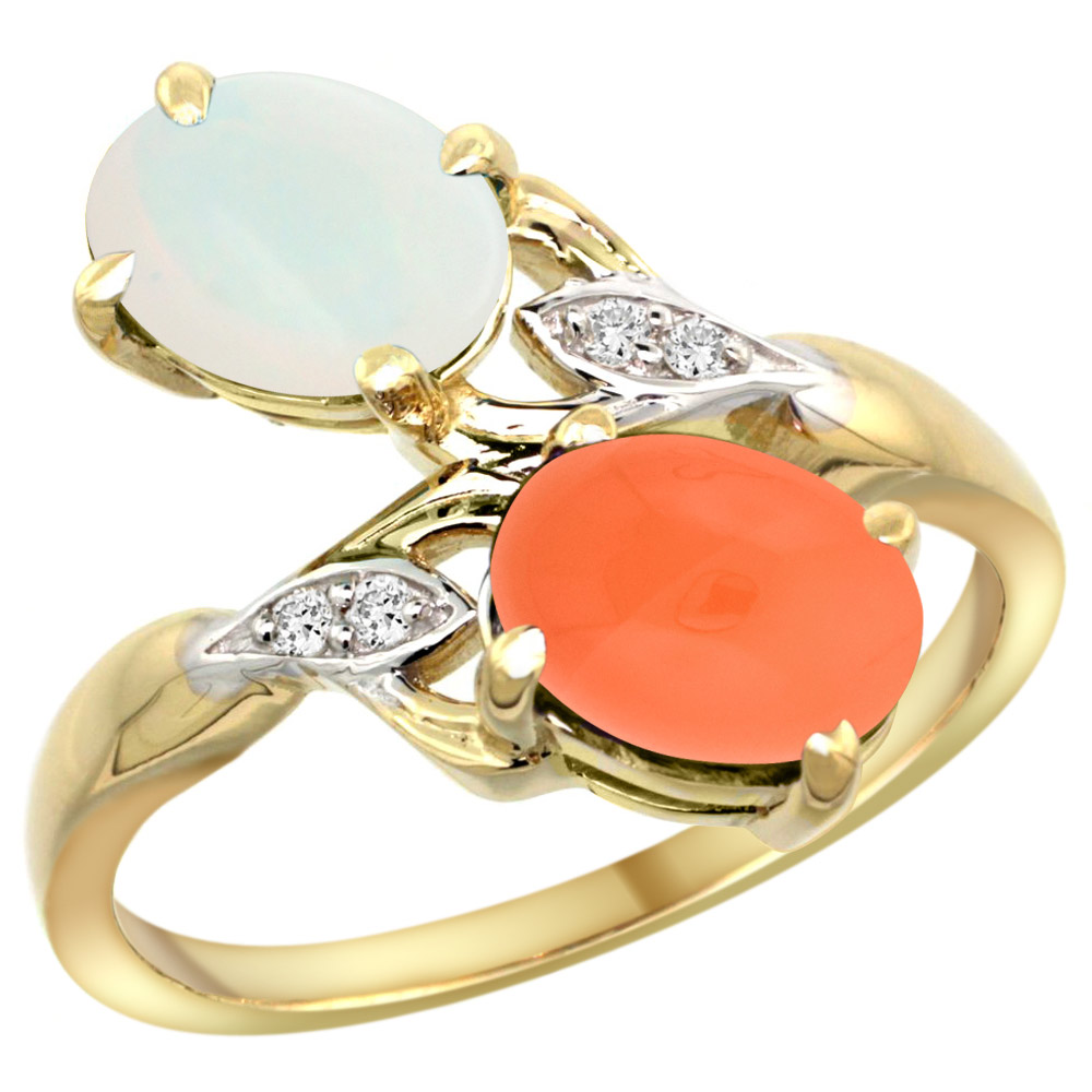 14K YELLOW GOLD DIAMOND NATURAL WHITE OPAL & ORANGE MOONSTONE 2-STONE RING OVAL 8X6MM, SIZES 5 - 10