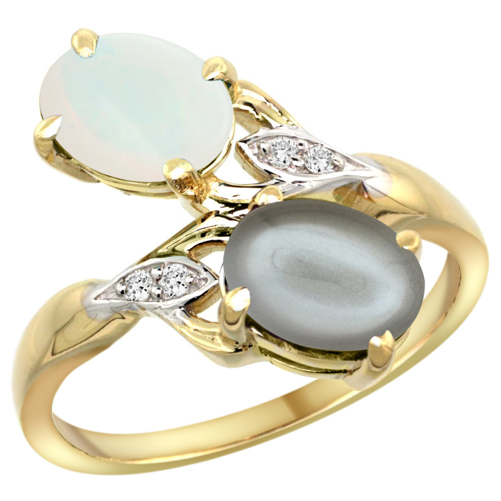14K YELLOW GOLD DIAMOND NATURAL WHITE OPAL & GRAY MOONSTONE 2-STONE RING OVAL 8X6MM, SIZES 5 - 10
