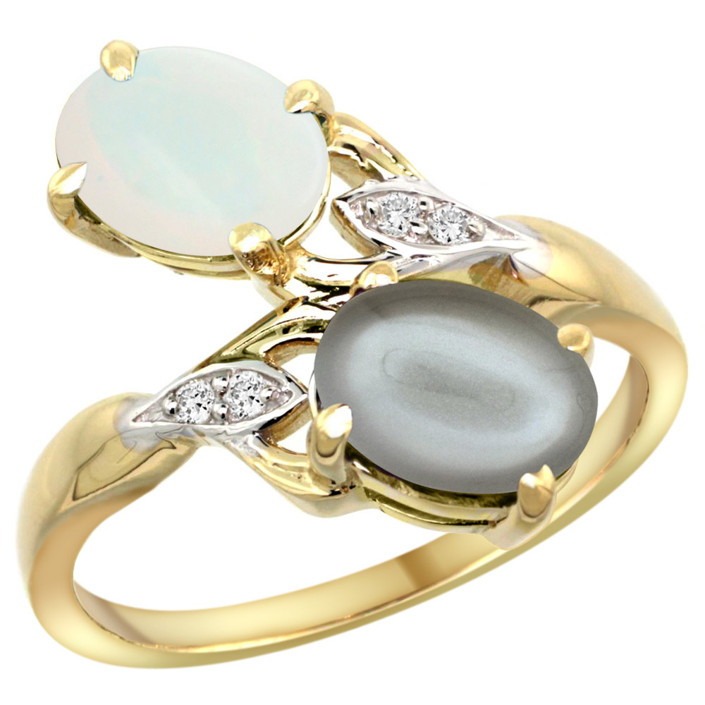14k Yellow Gold Diamond Natural White Opal &amp; Gray Moonstone 2-stone Ring Oval 8x6mm, sizes 5 - 10