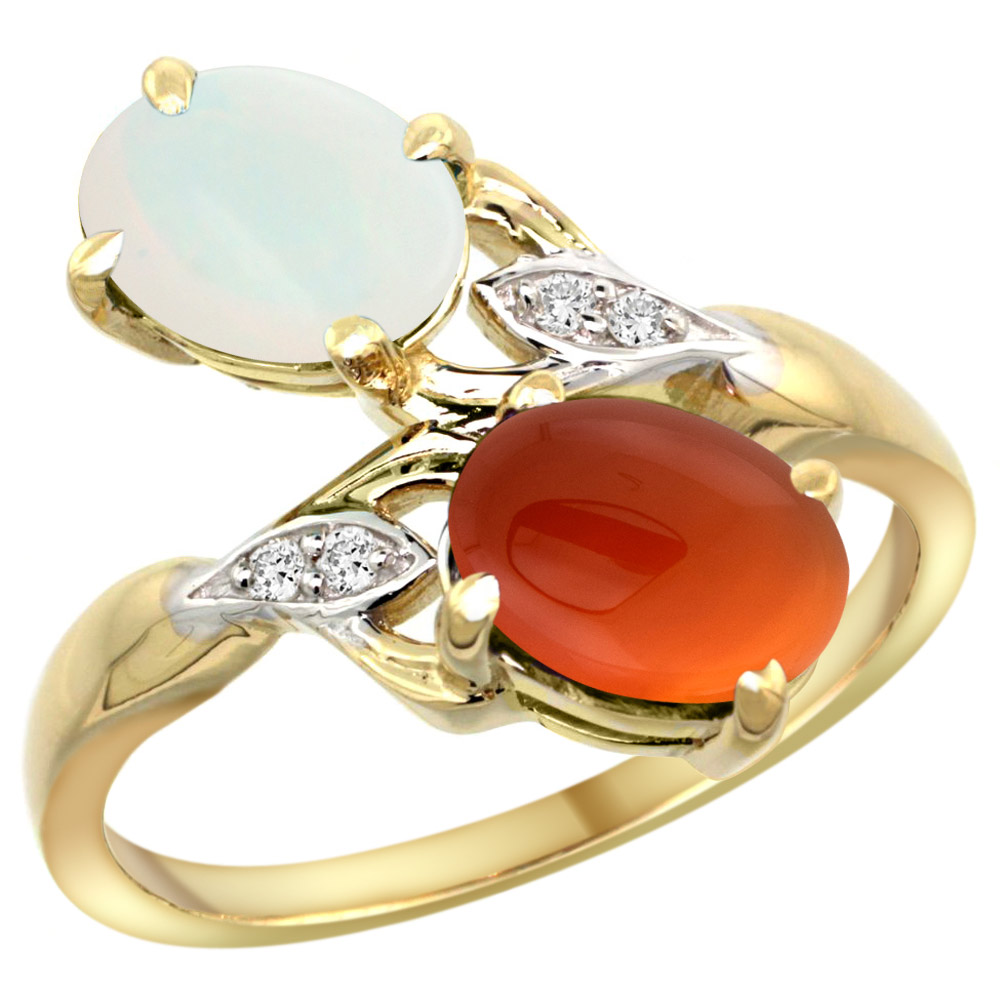 10K Yellow Gold Diamond Natural White Opal &amp; Brown Agate 2-stone Ring Oval 8x6mm, sizes 5 - 10