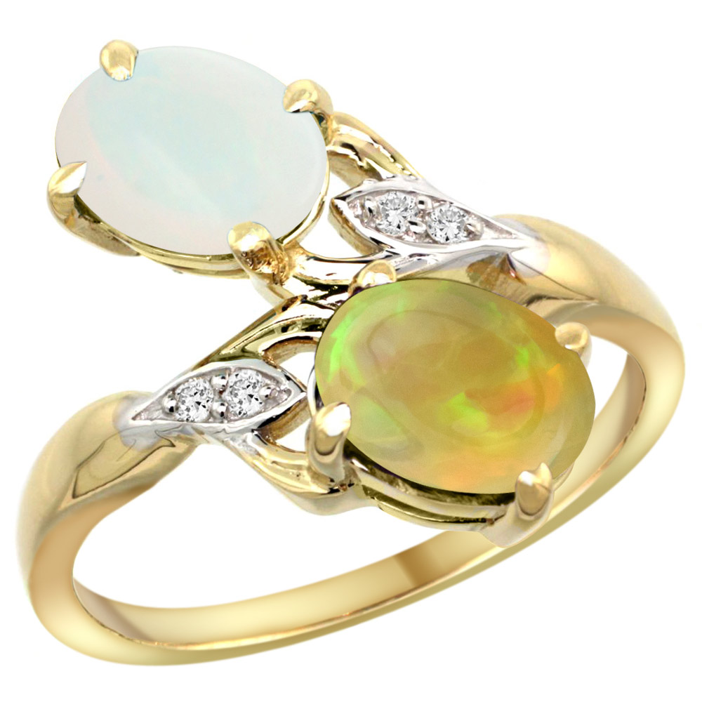 14k Yellow Gold Diamond Natural White Opal &amp; Ethiopian Opal 2-stone Mothers Ring Oval 8x6mm, size 5 - 10