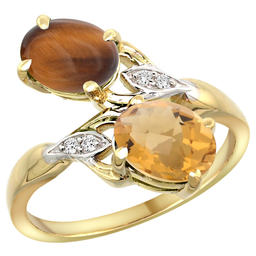 14k Yellow Gold Diamond Natural Tiger Eye &amp; Whisky Quartz 2-stone Ring Oval 8x6mm, sizes 5 - 10