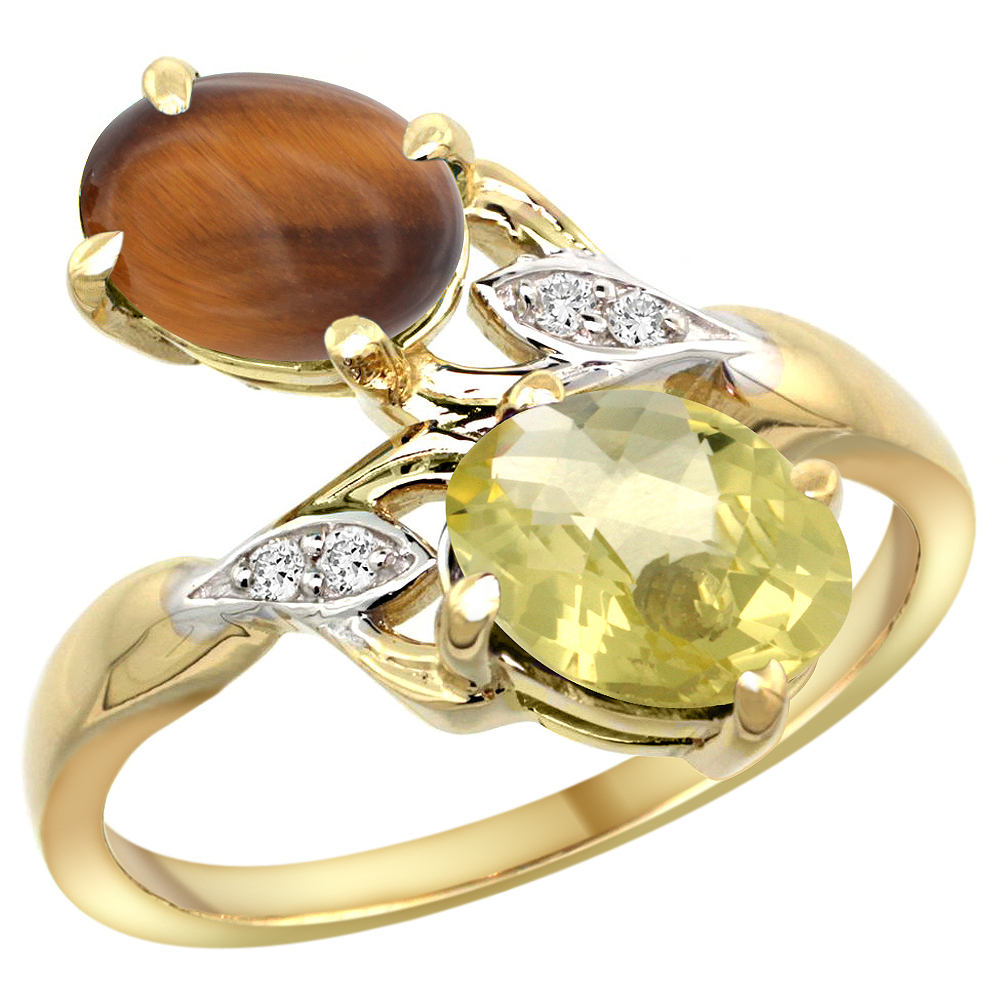 14K YELLOW GOLD DIAMOND NATURAL TIGER EYE & LEMON QUARTZ 2-STONE RING OVAL 8X6MM, SIZES 5 - 10