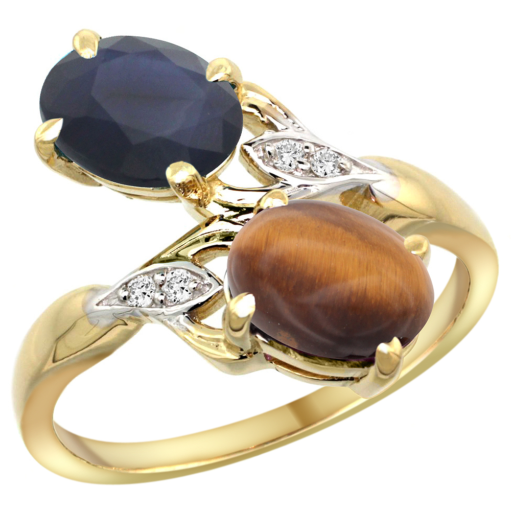 14K YELLOW GOLD DIAMOND NATURAL TIGER EYE & AUSTRALIAN SAPPHIRE 2-STONE RING OVAL 8X6MM, SIZES 5 - 10