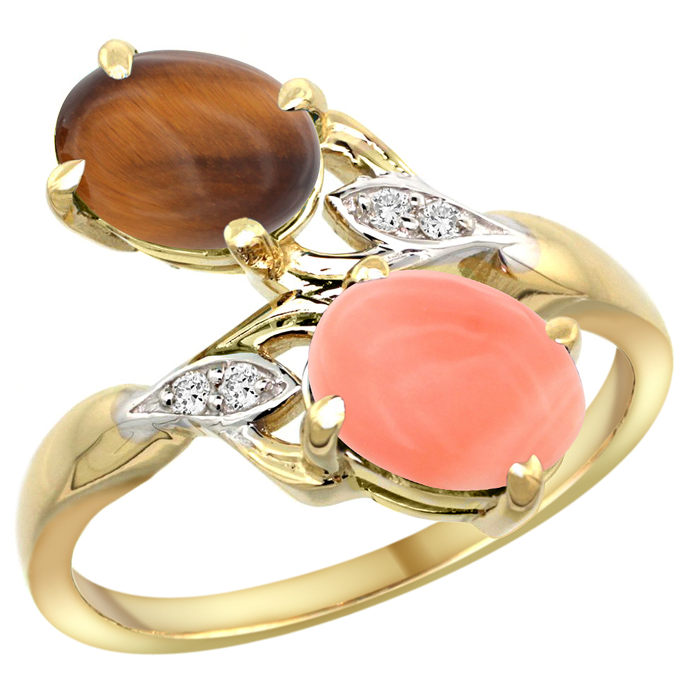 14k Yellow Gold Diamond Natural Tiger Eye &amp; Coral 2-stone Ring Oval 8x6mm, sizes 5 - 10