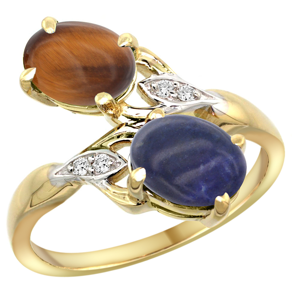 14K YELLOW GOLD DIAMOND NATURAL TIGER EYE & LAPIS 2-STONE RING OVAL 8X6MM, SIZES 5 - 10