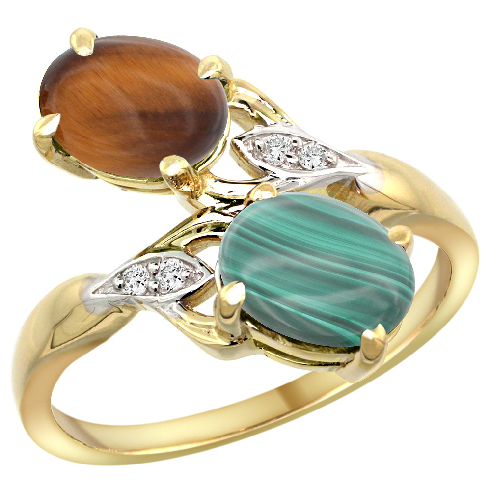 14K YELLOW GOLD DIAMOND NATURAL TIGER EYE & MALACHITE 2-STONE RING OVAL 8X6MM, SIZES 5 - 10