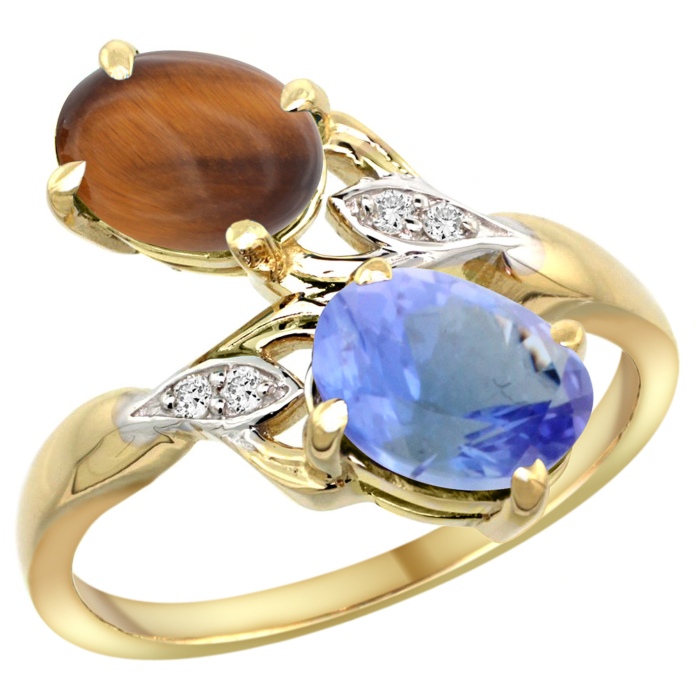 14K YELLOW GOLD DIAMOND NATURAL TIGER EYE & TANZANITE 2-STONE RING OVAL 8X6MM, SIZES 5 - 10