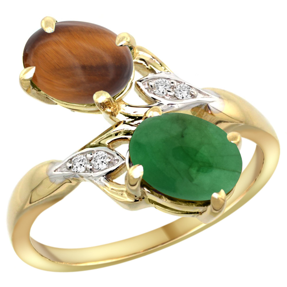 14K YELLOW GOLD DIAMOND NATURAL TIGER EYE & CABOCHON EMERALD 2-STONE RING OVAL 8X6MM, SIZES 5 - 10