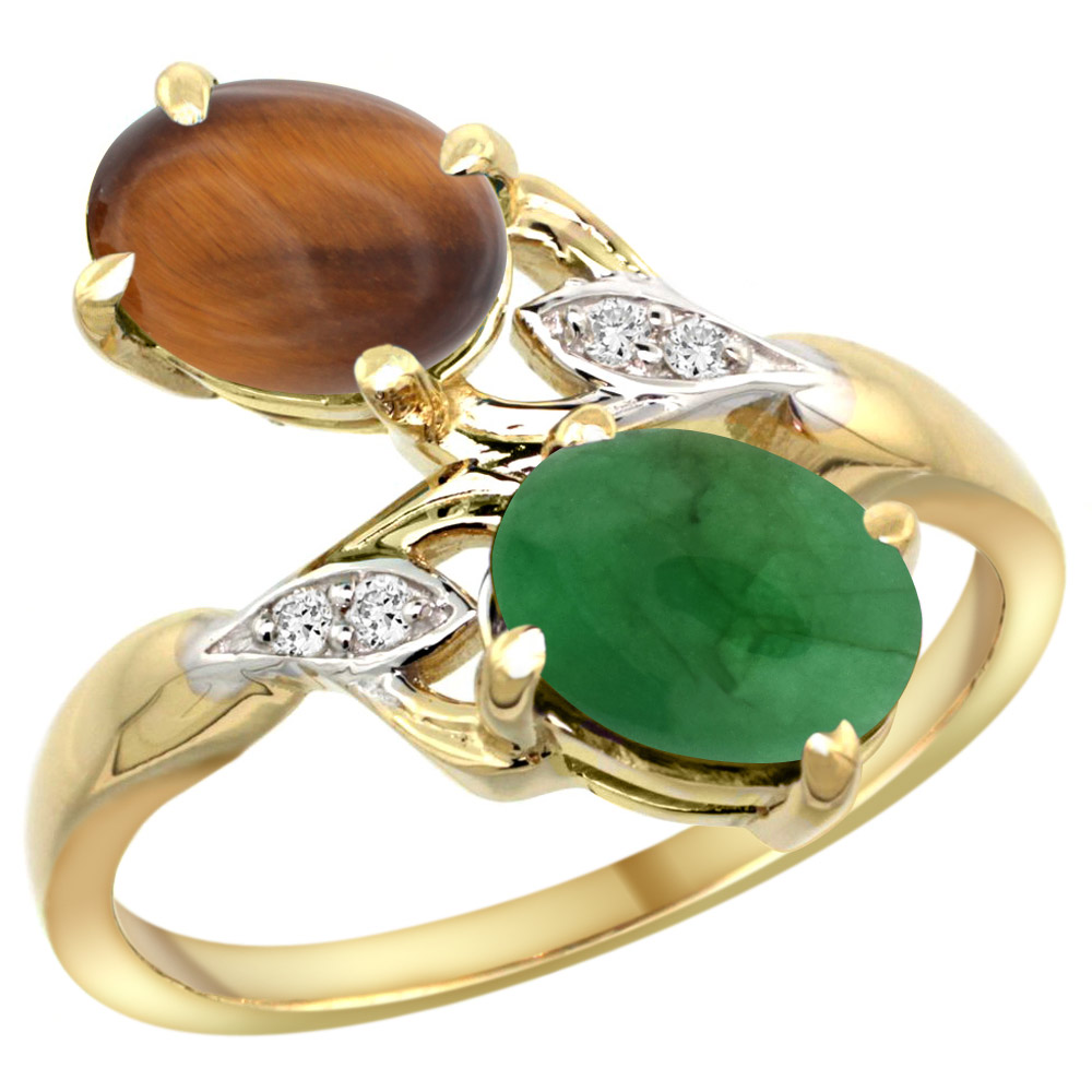 10K Yellow Gold Diamond Natural Tiger Eye & Cabochon Emerald 2-stone Ring Oval 8x6mm, sizes 5 - 10