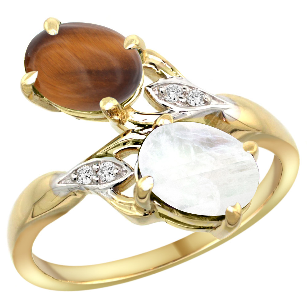10K Yellow Gold Diamond Natural Tiger Eye &amp; Rainbow Moonstone 2-stone Ring Oval 8x6mm, sizes 5 - 10