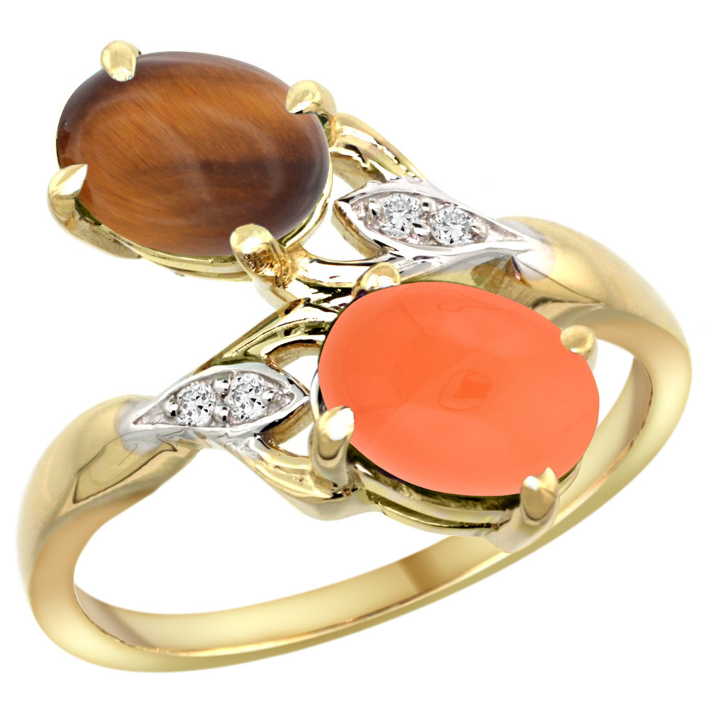 14K YELLOW GOLD DIAMOND NATURAL TIGER EYE & ORANGE MOONSTONE 2-STONE RING OVAL 8X6MM, SIZES 5 - 10