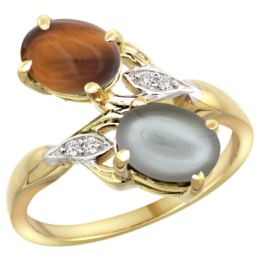 14k Yellow Gold Diamond Natural Tiger Eye &amp; Gray Moonstone 2-stone Ring Oval 8x6mm, sizes 5 - 10