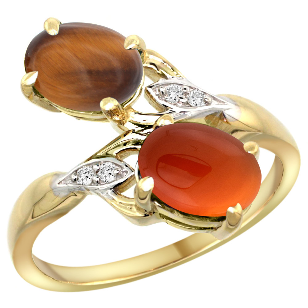 10K Yellow Gold Diamond Natural Tiger Eye &amp; Brown Agate 2-stone Ring Oval 8x6mm, sizes 5 - 10