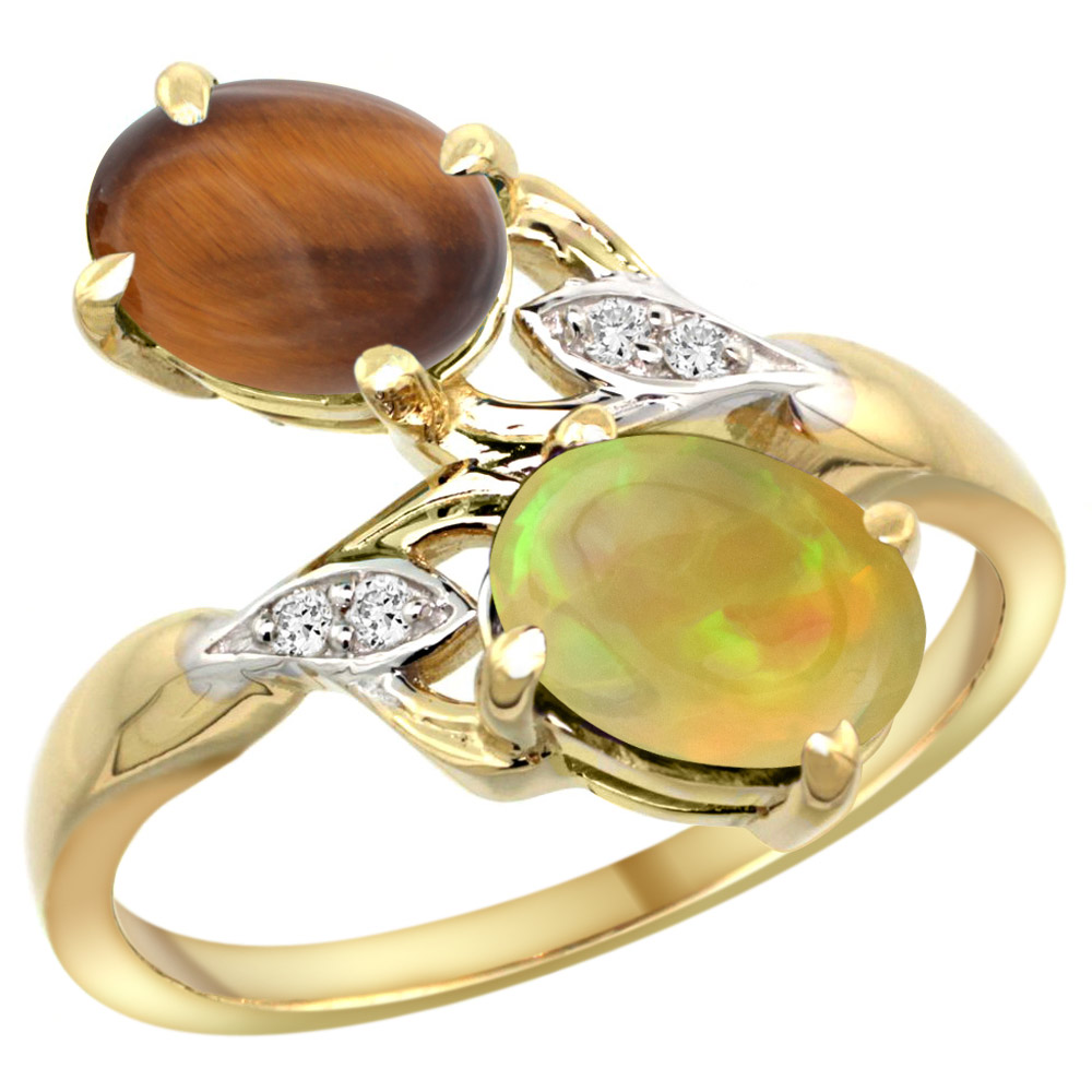 10K YELLOW GOLD DIAMOND NATURAL TIGER EYE & ETHIOPIAN OPAL 2-STONE MOTHERS RING OVAL 8X6MM, SIZE 5 - 10