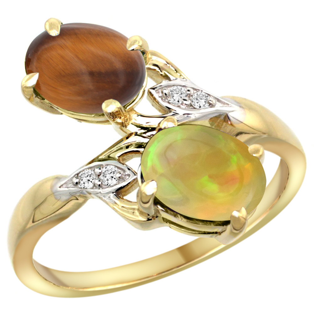 14k Yellow Gold Diamond Natural Tiger Eye &amp; Ethiopian Opal 2-stone Mothers Ring Oval 8x6mm, size 5 - 10