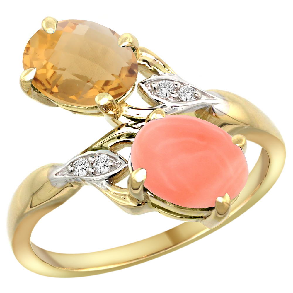 14k Yellow Gold Diamond Natural Whisky Quartz & Coral 2-stone Ring Oval 8x6mm, sizes 5 - 10