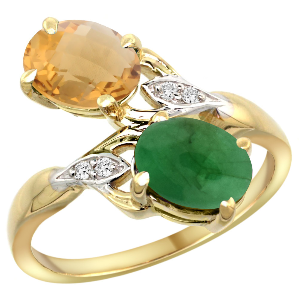 10K YELLOW GOLD DIAMOND NATURAL WHISKY QUARTZ & CABOCHON EMERALD 2-STONE RING OVAL 8X6MM, SIZES 5 - 10