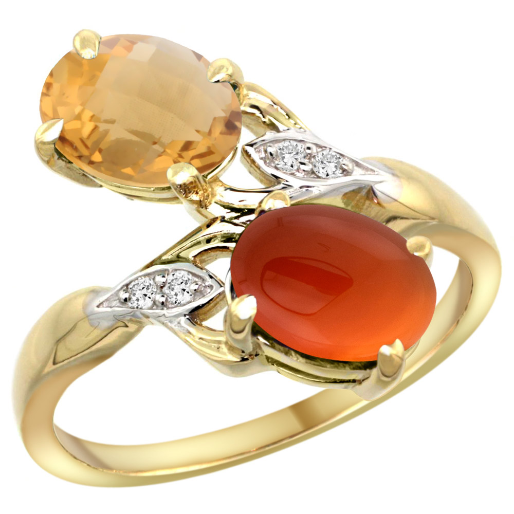 10K Yellow Gold Diamond Natural Whisky Quartz &amp; Brown Agate 2-stone Ring Oval 8x6mm, sizes 5 - 10