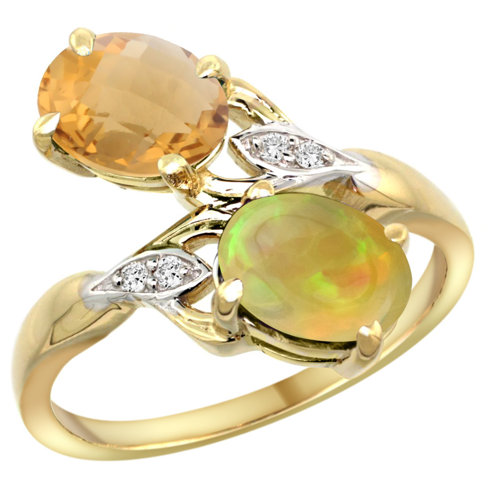 14k Yellow Gold Diamond Natural Whisky Quartz &amp; Ethiopian Opal 2-stone Mothers Ring Oval 8x6mm,size5-10