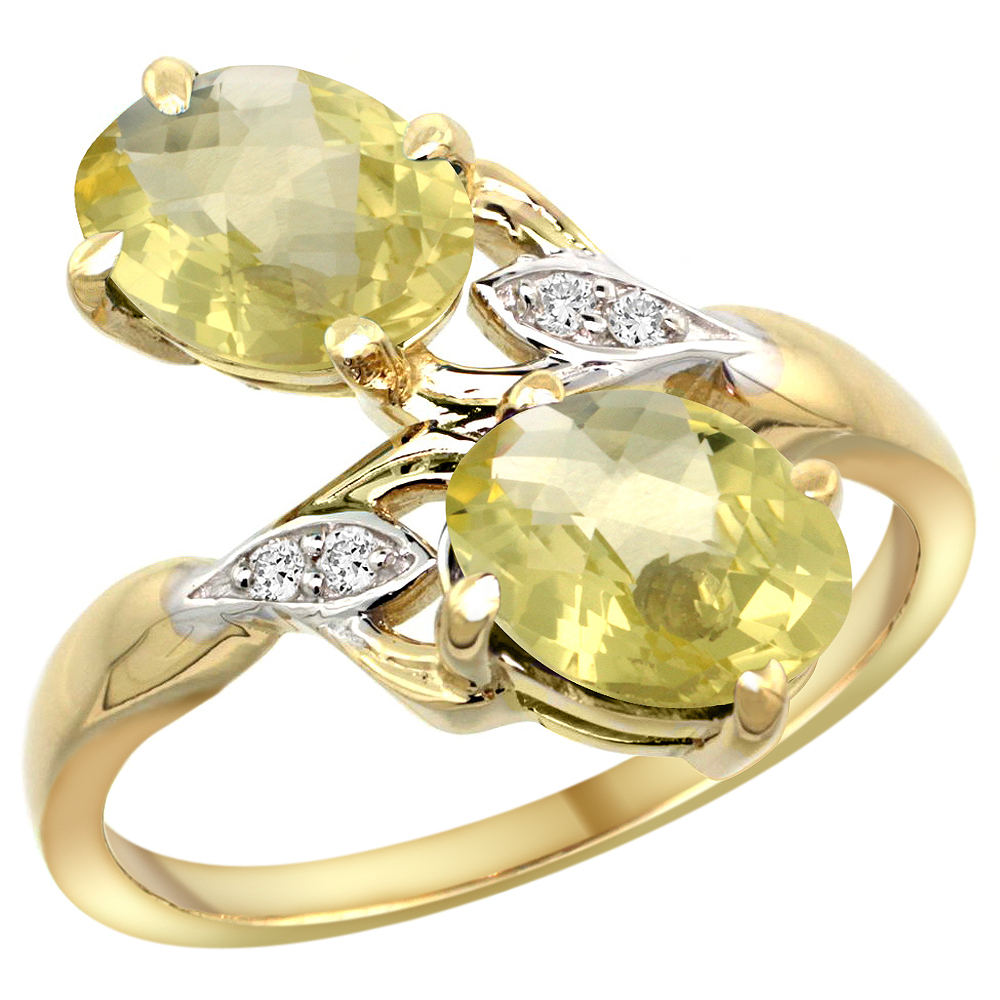 14k Yellow Gold Diamond Natural Lemon Quartz 2-stone Ring Oval 8x6mm, sizes 5 - 10