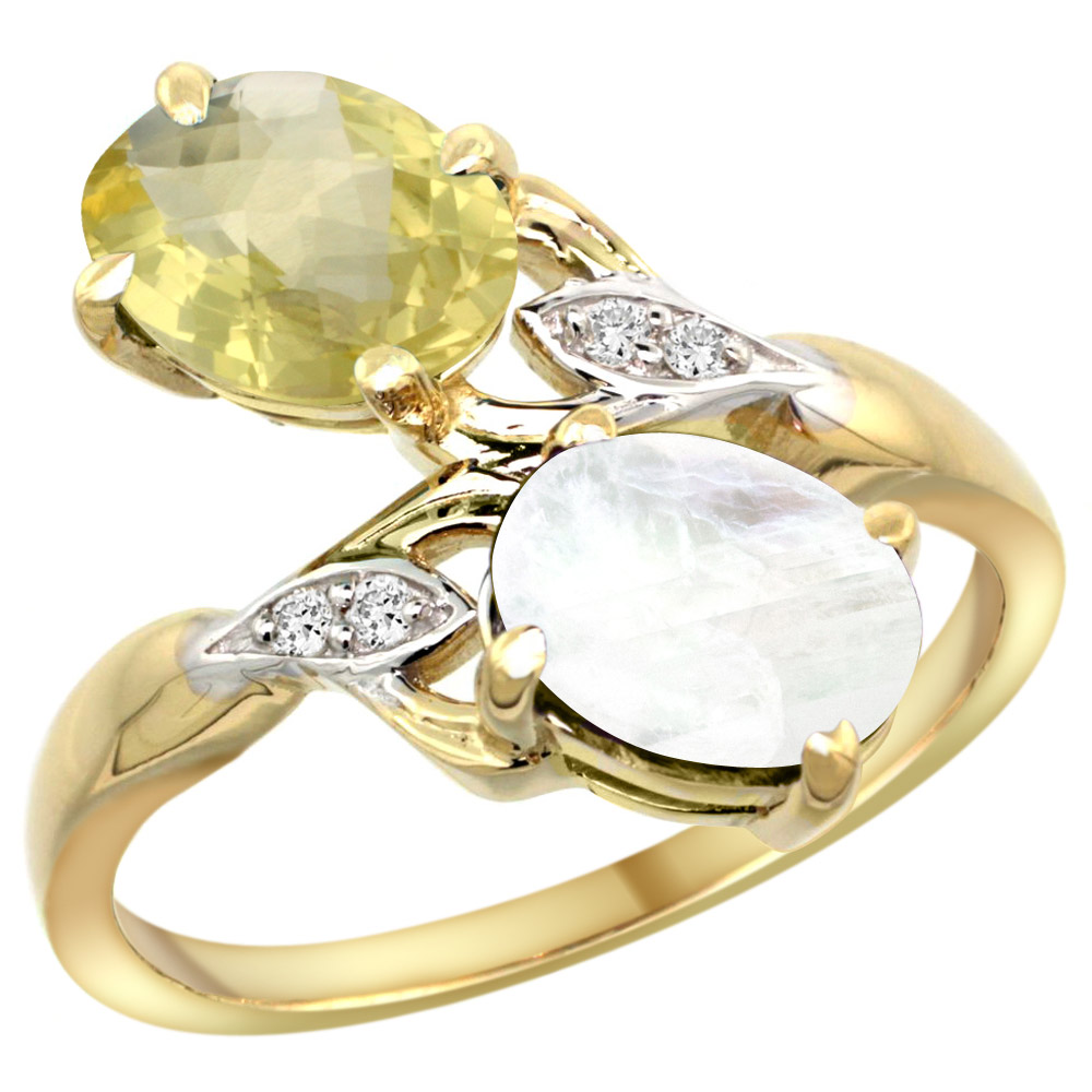 10K YELLOW GOLD DIAMOND NATURAL LEMON QUARTZ & RAINBOW MOONSTONE 2-STONE RING OVAL 8X6MM, SIZES 5 - 10