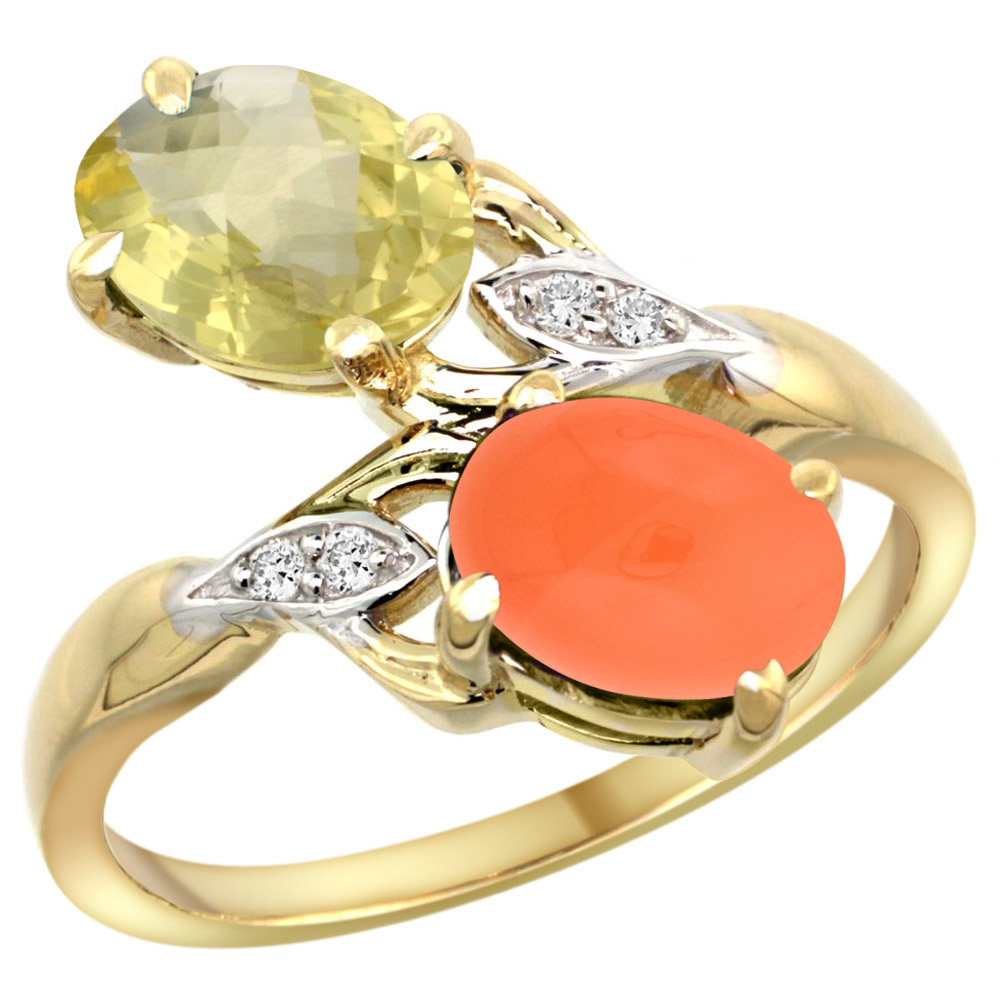 10K YELLOW GOLD DIAMOND NATURAL LEMON QUARTZ & ORANGE MOONSTONE 2-STONE RING OVAL 8X6MM, SIZES 5 - 10