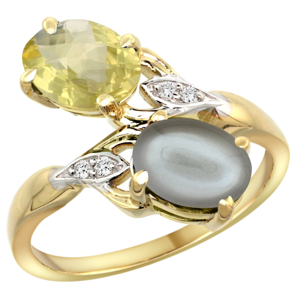 10K Yellow Gold Diamond Natural Lemon Quartz & Gray Moonstone 2-stone Ring Oval 8x6mm, sizes 5 - 10