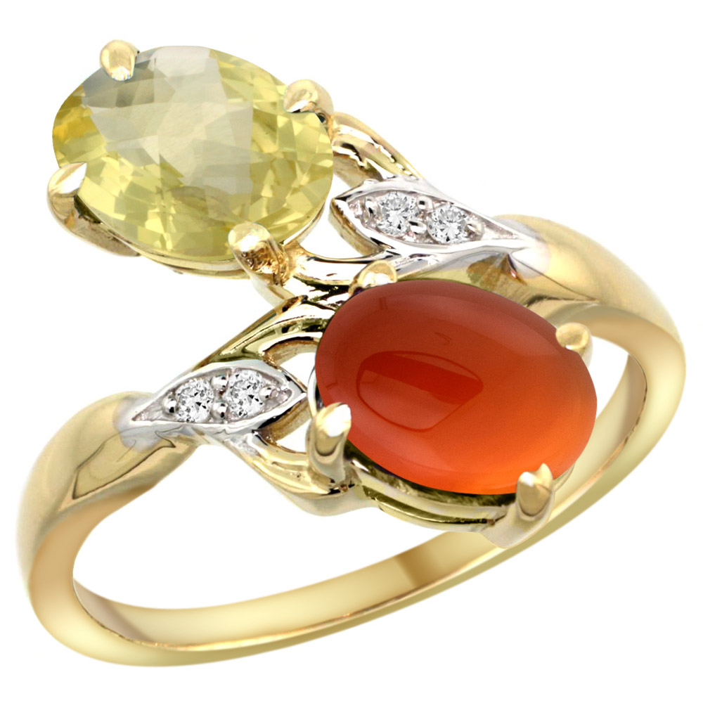 10K YELLOW GOLD DIAMOND NATURAL LEMON QUARTZ & BROWN AGATE 2-STONE RING OVAL 8X6MM, SIZES 5 - 10