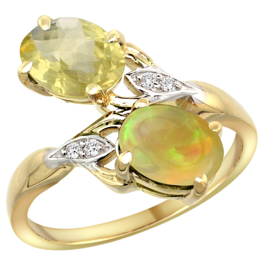10K Yellow Gold Diamond Natural Lemon Quartz & Ethiopian Opal 2-stone Mothers Ring Oval 8x6mm, size 5-10