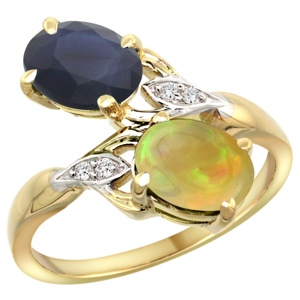 14k Yellow Gold Diamond Natural Australian Sapphire &amp;Ethiopian Opal 2-stone Mothers Ring Oval8x6mm,sz5-10