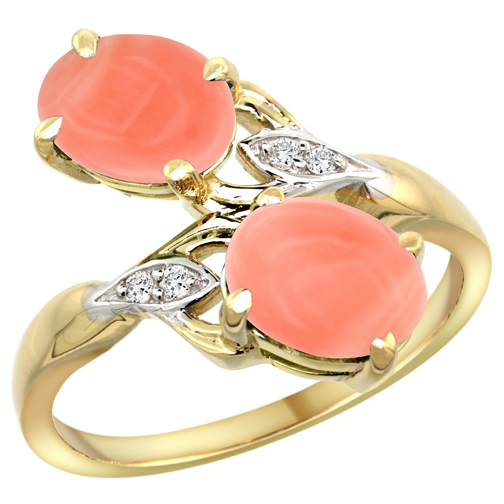 10K YELLOW GOLD DIAMOND NATURAL CORAL 2-STONE RING OVAL 8X6MM, SIZES 5 - 10
