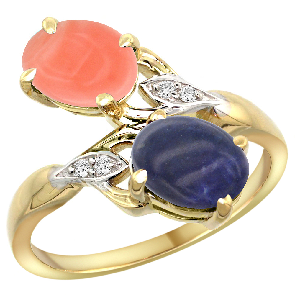 10K YELLOW GOLD DIAMOND NATURAL CORAL & LAPIS 2-STONE RING OVAL 8X6MM, SIZES 5 - 10