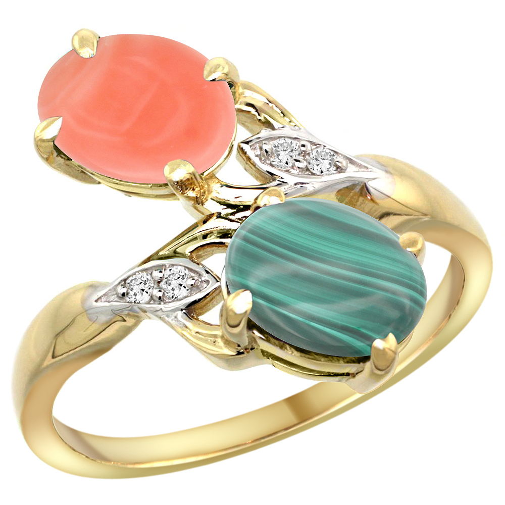 10K YELLOW GOLD DIAMOND NATURAL CORAL & MALACHITE 2-STONE RING OVAL 8X6MM, SIZES 5 - 10