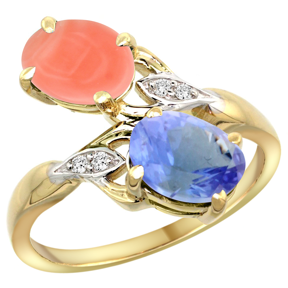 10K YELLOW GOLD DIAMOND NATURAL CORAL & TANZANITE 2-STONE RING OVAL 8X6MM, SIZES 5 - 10