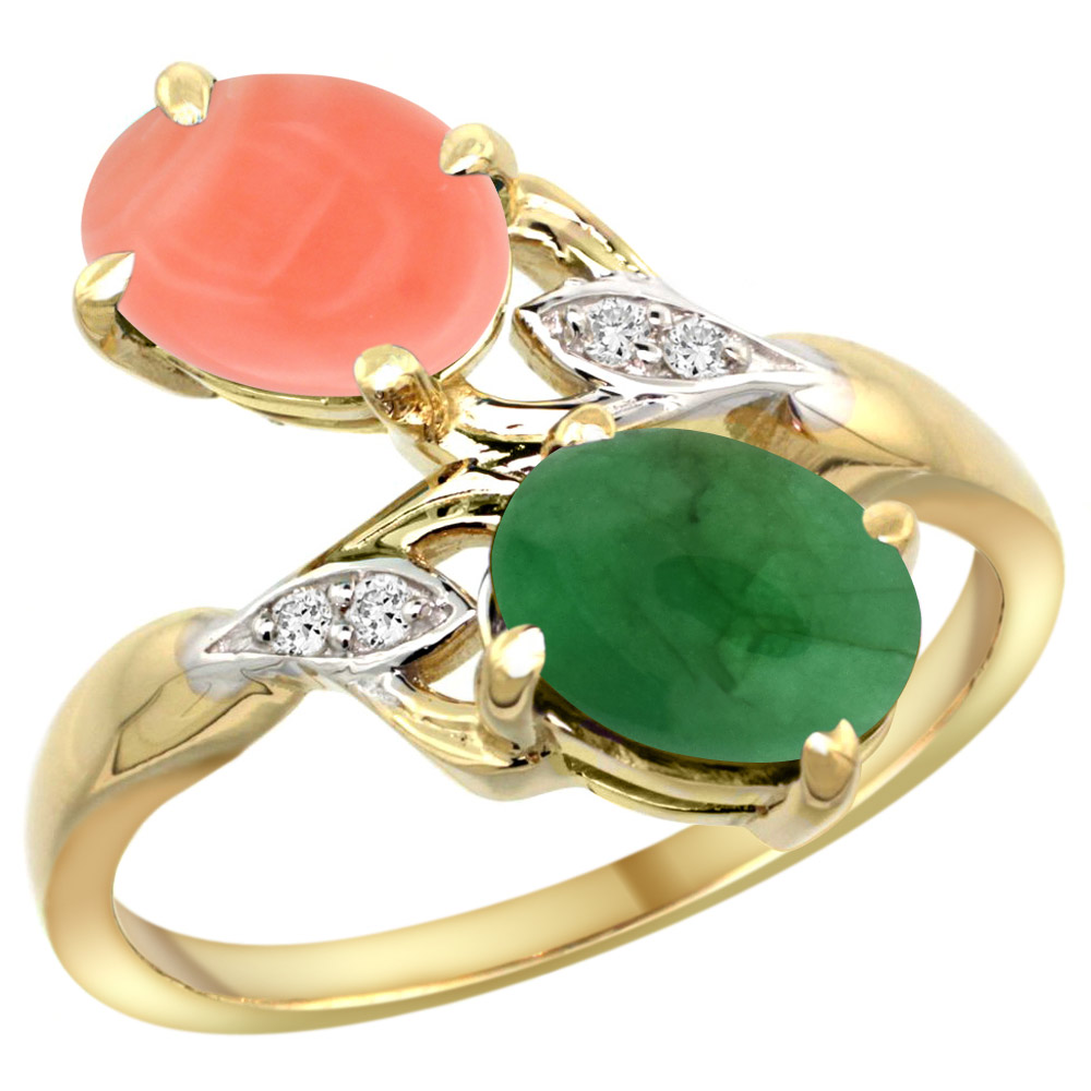 14k Yellow Gold Diamond Natural Coral &amp; Cabochon Emerald 2-stone Ring Oval 8x6mm, sizes 5 - 10