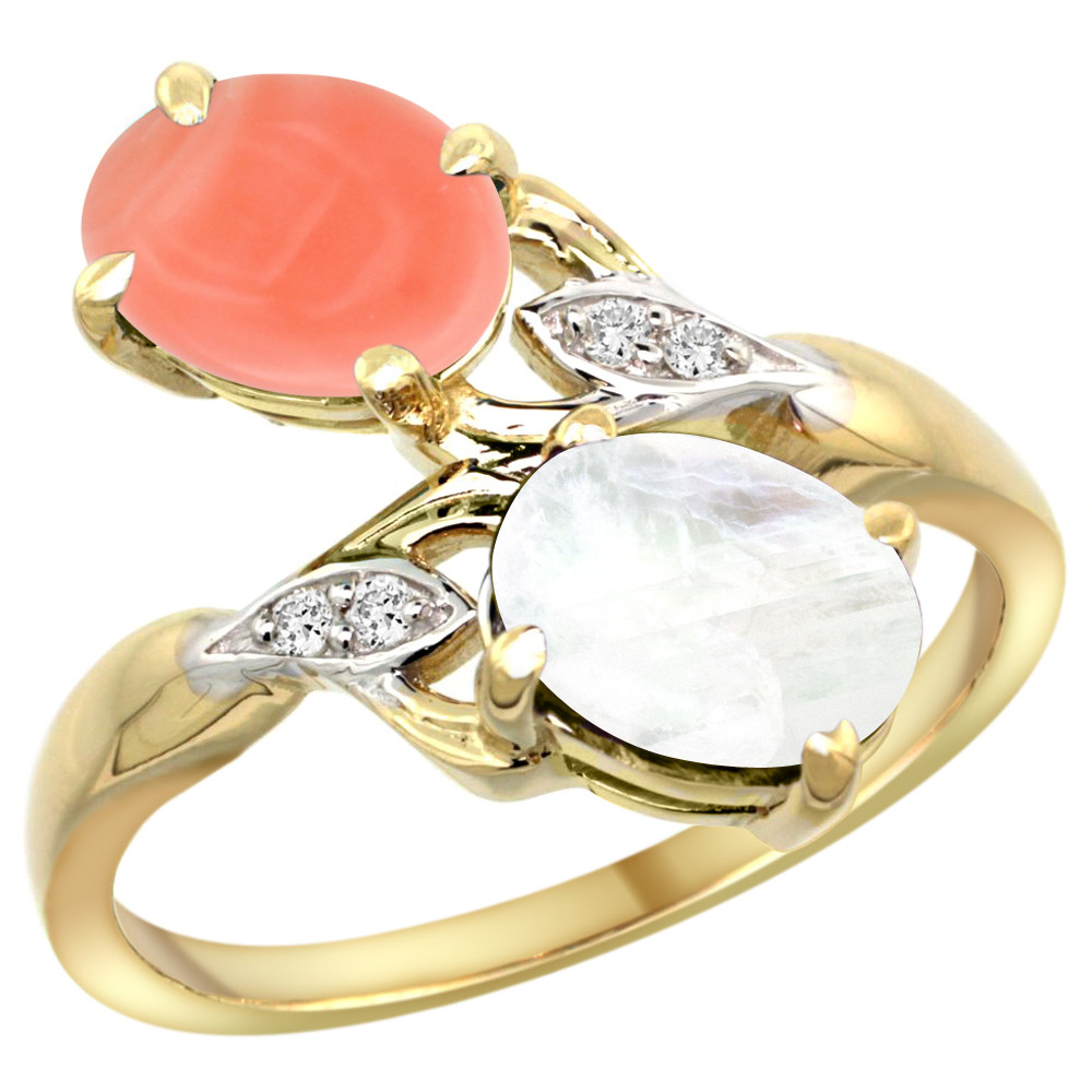 14k Yellow Gold Diamond Natural Coral &amp; Rainbow Moonstone 2-stone Ring Oval 8x6mm, sizes 5 - 10