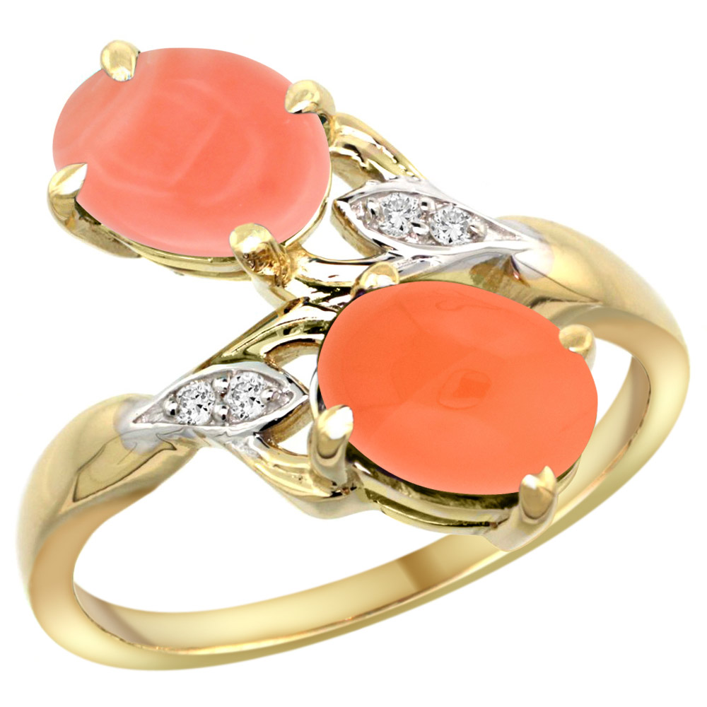 10K YELLOW GOLD DIAMOND NATURAL CORAL & ORANGE MOONSTONE 2-STONE RING OVAL 8X6MM, SIZES 5 - 10