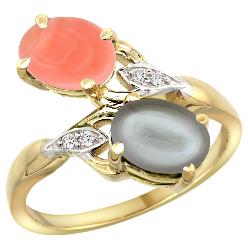 14k Yellow Gold Diamond Natural Coral &amp; Gray Moonstone 2-stone Ring Oval 8x6mm, sizes 5 - 10