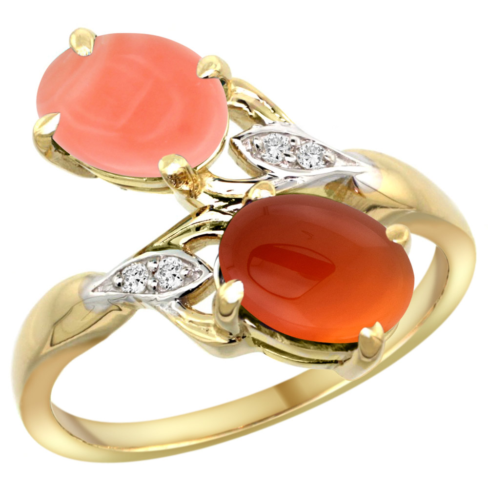 10K Yellow Gold Diamond Natural Coral &amp; Brown Agate 2-stone Ring Oval 8x6mm, sizes 5 - 10