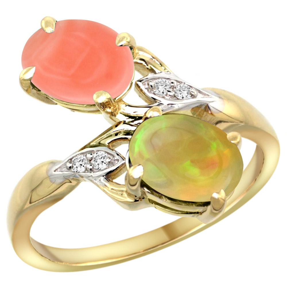14k Yellow Gold Diamond Natural Coral &amp; Ethiopian Opal 2-stone Mothers Ring Oval 8x6mm, size 5 - 10