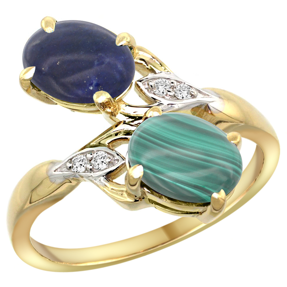14K YELLOW GOLD DIAMOND NATURAL LAPIS & MALACHITE 2-STONE RING OVAL 8X6MM, SIZES 5 - 10