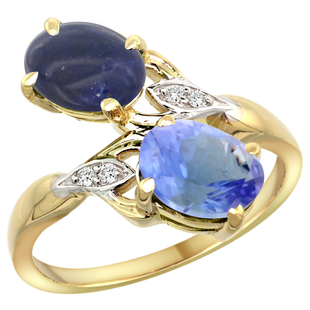 14K YELLOW GOLD DIAMOND NATURAL LAPIS & TANZANITE 2-STONE RING OVAL 8X6MM, SIZES 5 - 10