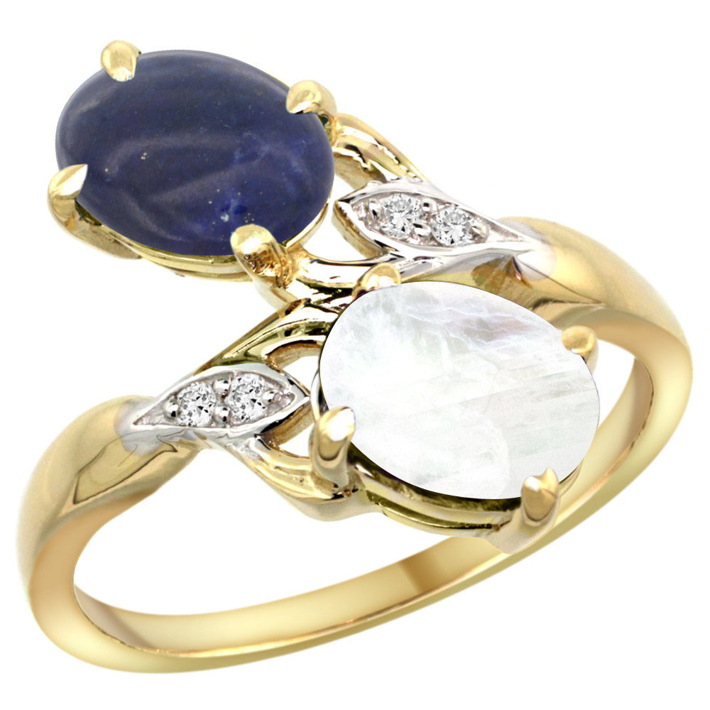 14K YELLOW GOLD DIAMOND NATURAL LAPIS & RAINBOW MOONSTONE 2-STONE RING OVAL 8X6MM, SIZES 5 - 10