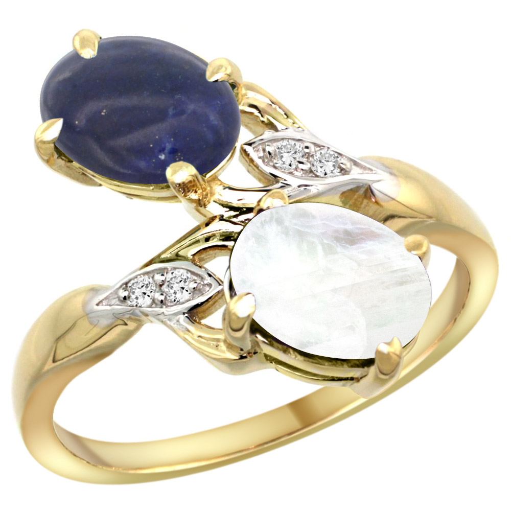 10K Yellow Gold Diamond Natural Lapis & Rainbow Moonstone 2-stone Ring Oval 8x6mm, sizes 5 - 10