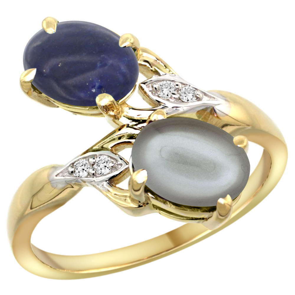 14K YELLOW GOLD DIAMOND NATURAL LAPIS & GRAY MOONSTONE 2-STONE RING OVAL 8X6MM, SIZES 5 - 10
