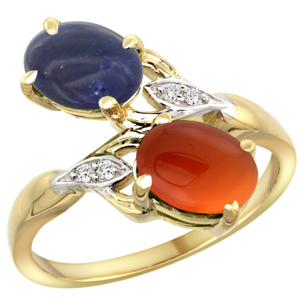 14K YELLOW GOLD DIAMOND NATURAL LAPIS & BROWN AGATE 2-STONE RING OVAL 8X6MM, SIZES 5 - 10