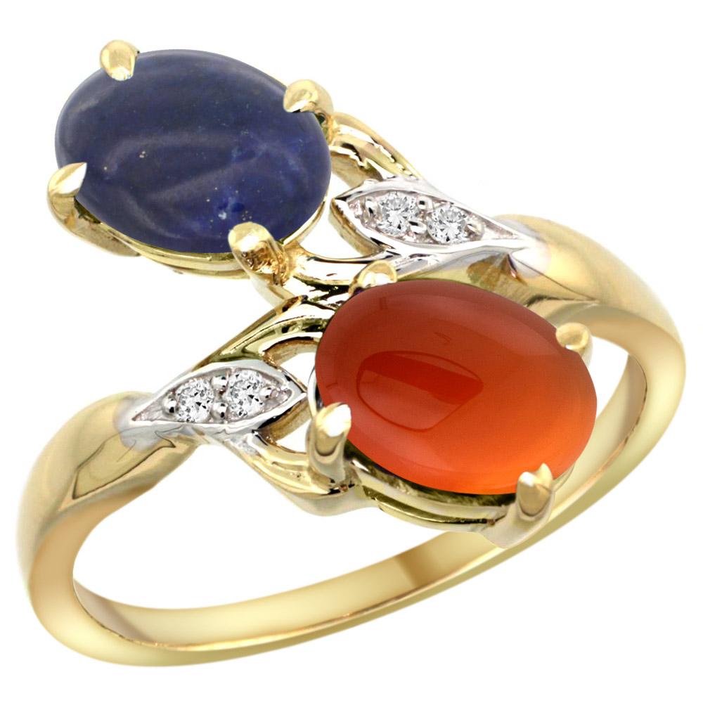 14k Yellow Gold Diamond Natural Lapis &amp; Brown Agate 2-stone Ring Oval 8x6mm, sizes 5 - 10